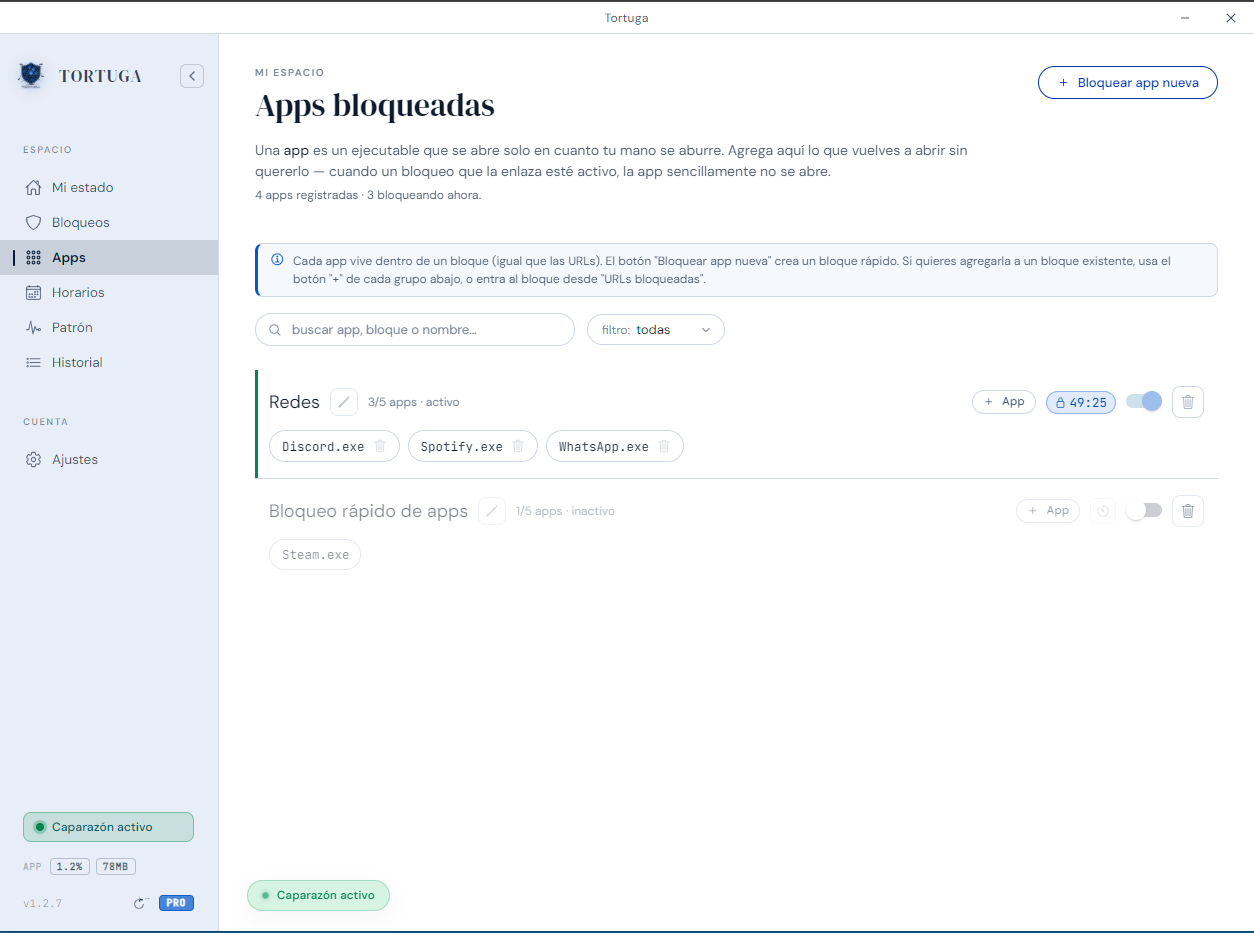 Pantalla de Apps de Tortuga: bloqueo de aplicaciones .exe en Windows, agrupadas.